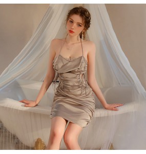 FEE ET MOI - Satin Lace Ruched Bodycon Dress (Gray)